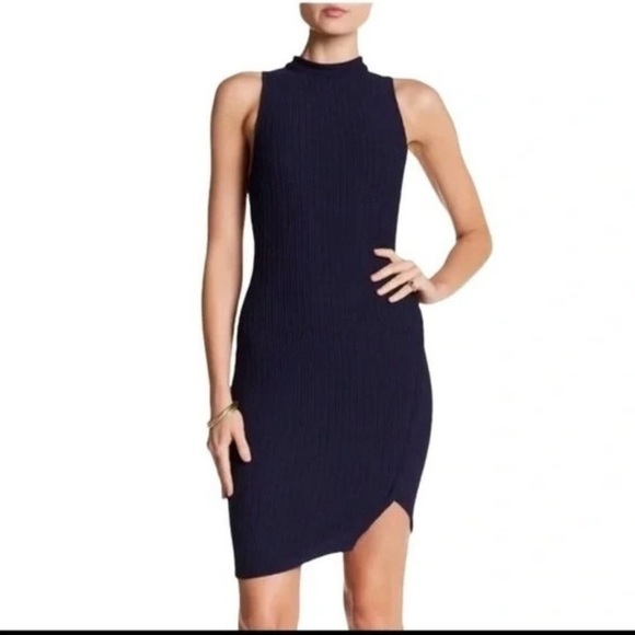 ASTR The Label Mock Neck Sleeveless Navy Ribbed Bodycon Dress Size Large - Picture 1 of 9
